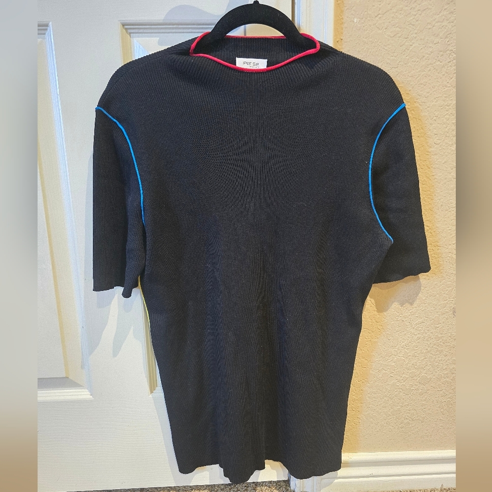 Per Se By Carlisle Black With Red And Blue Trim Silk Top XL